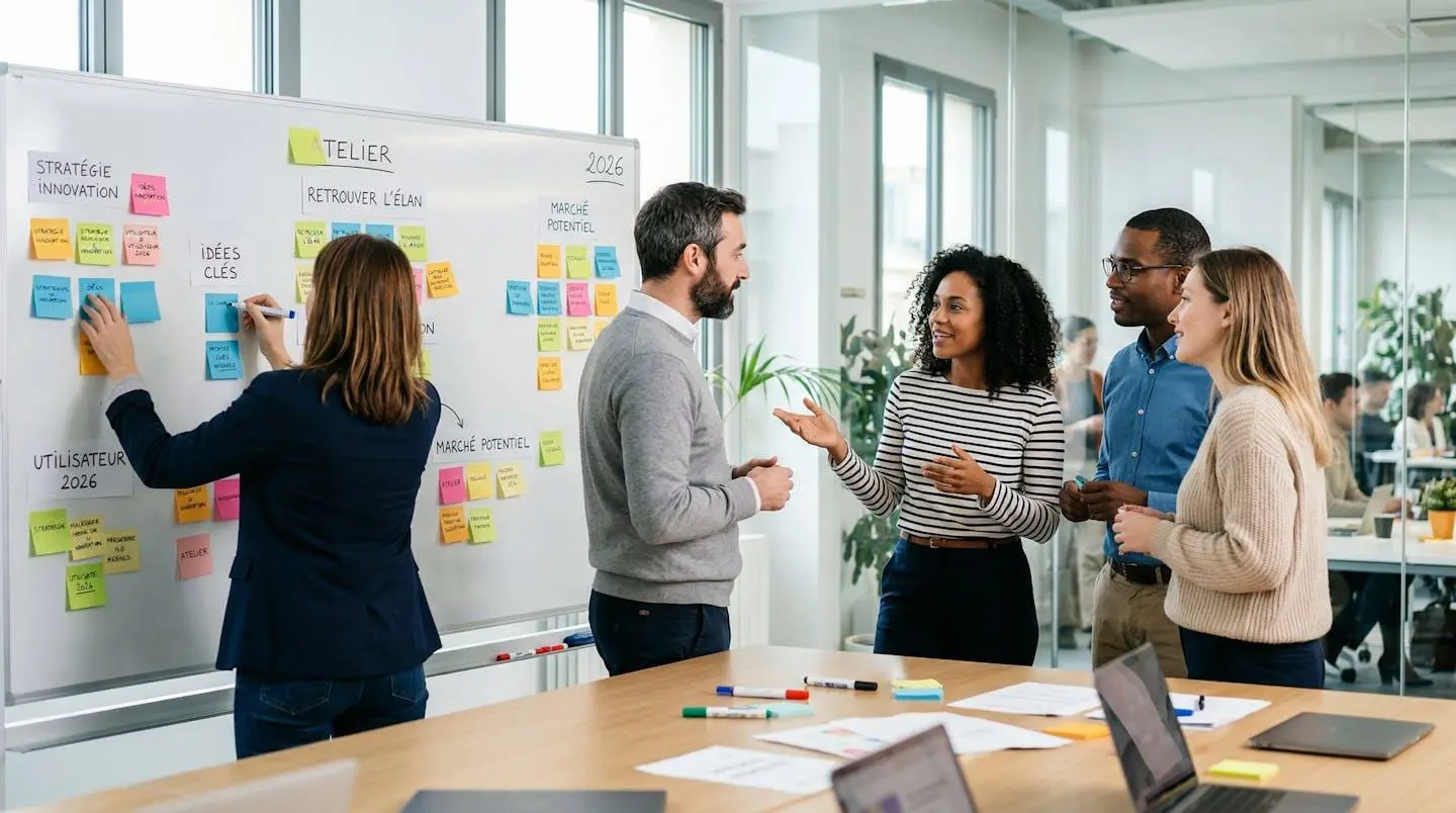 Groupe de collaborateurs vus de dos participant à un atelier collaboratif avec manipulation d'objets et post-it dans un environnement professionnel moderne