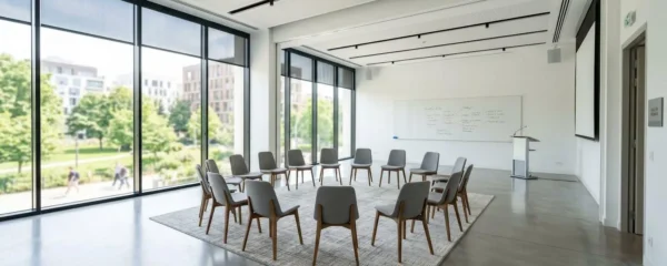 Salle de séminaire contemporaine baignée de lumière naturelle avec chaises disposées en cercle et tableau blanc visible