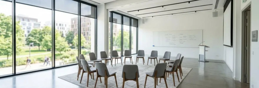 Salle de séminaire contemporaine baignée de lumière naturelle avec chaises disposées en cercle et tableau blanc visible
