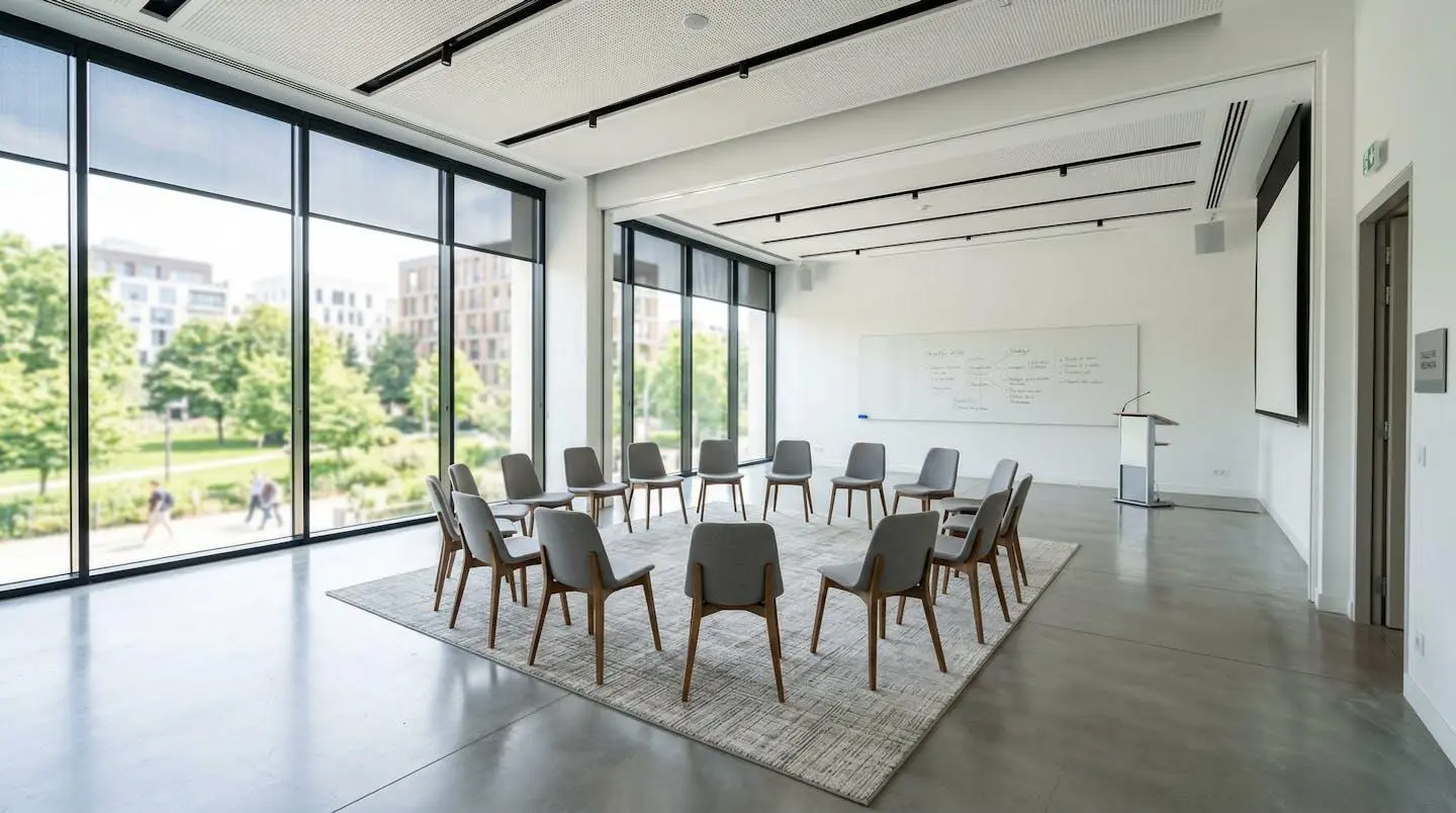 Salle de séminaire contemporaine baignée de lumière naturelle avec chaises disposées en cercle et tableau blanc visible