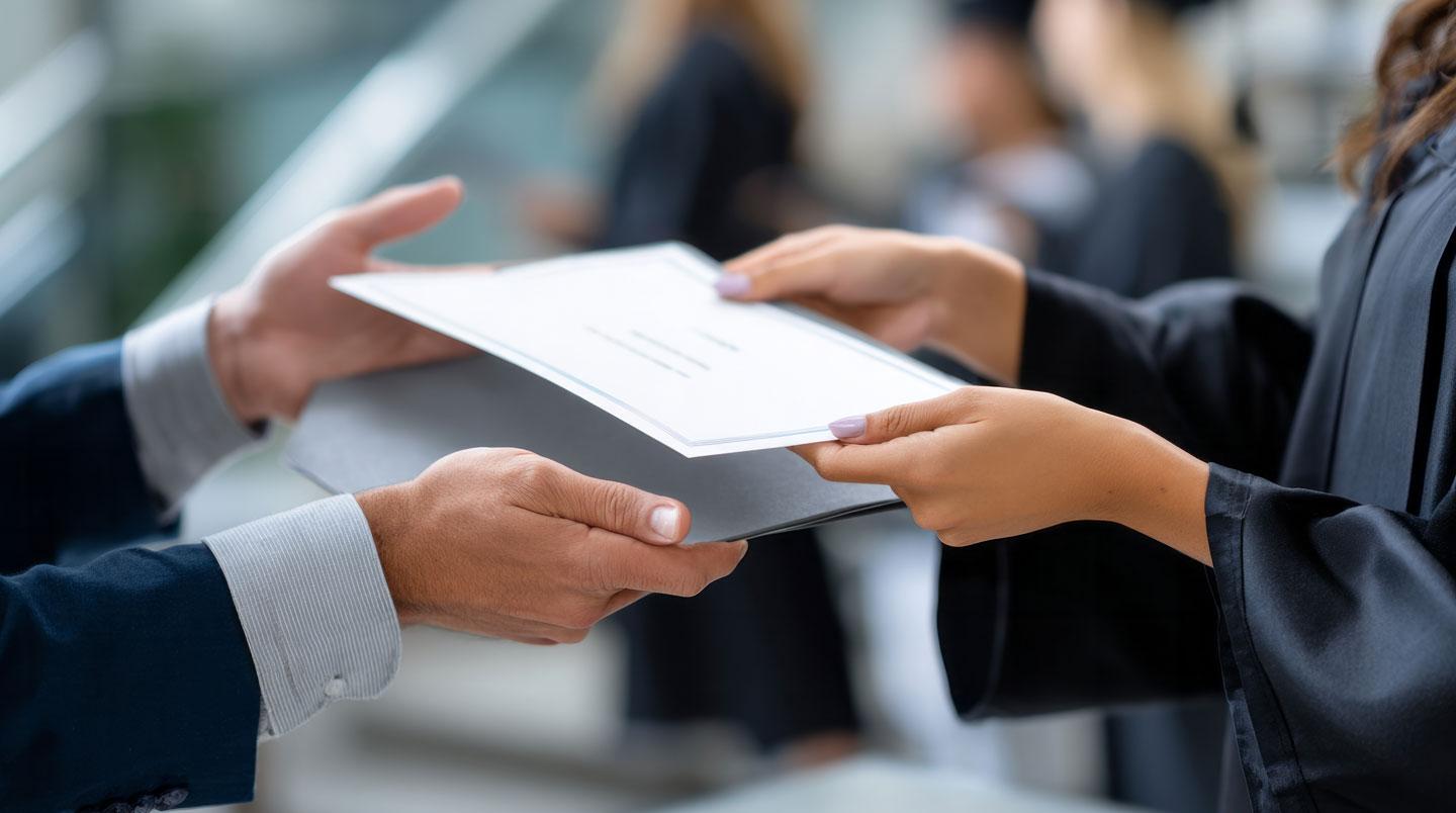 Une jeune professionnelle tenant un certificat de formation commerciale, entourée d'autres participants dans une salle lumineuse