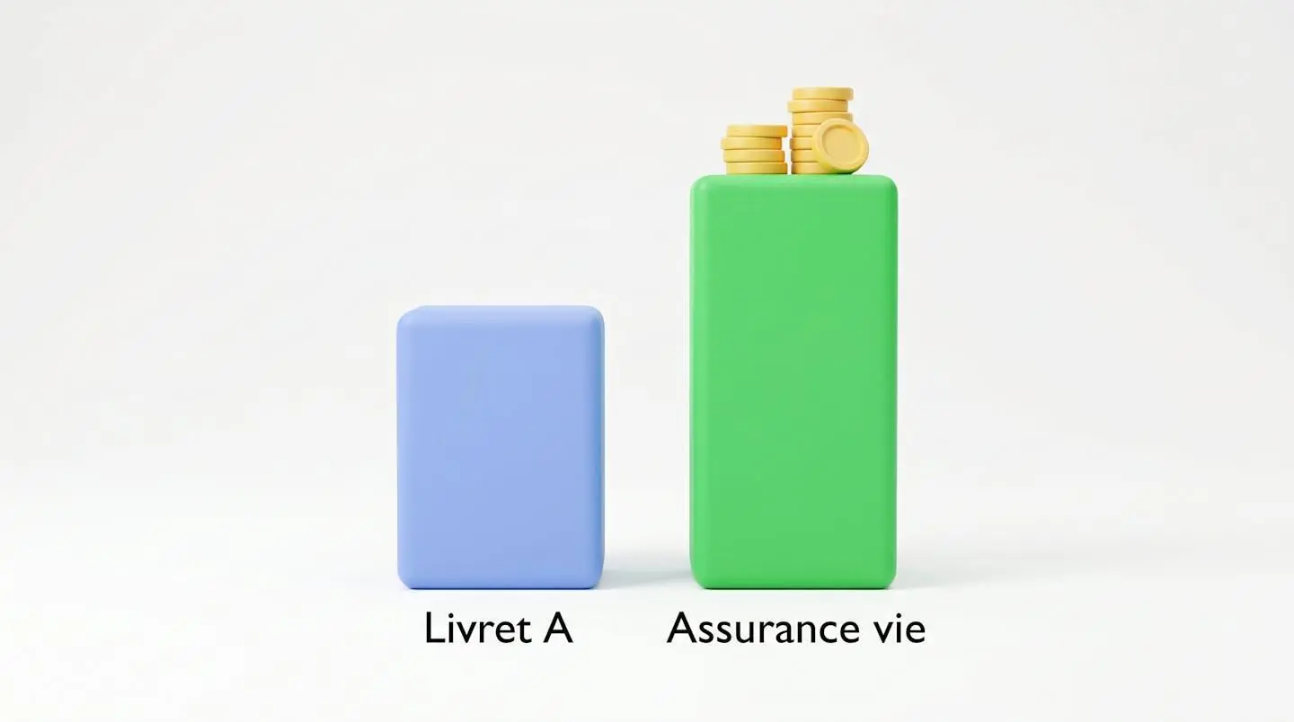 Deux barres de comparaison : une barre bleue plus basse pour le Livret A, une barre verte plus haute pour l'assurance vie avec des pièces d'or au sommet.