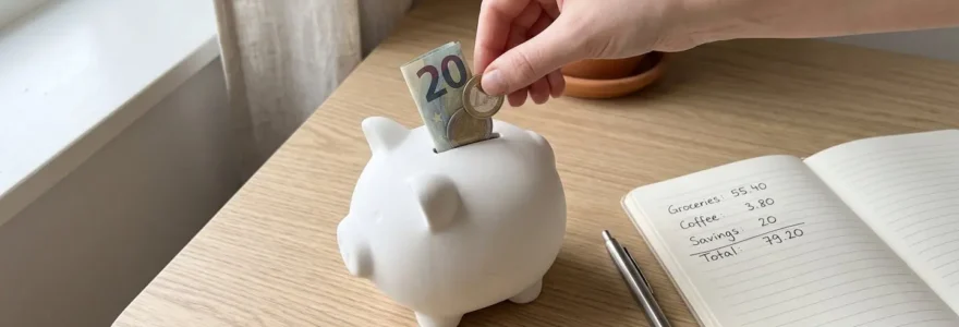 Une main dépose des pièces et un billet dans une tirelire blanche sur une table en bois, avec un carnet de notes.