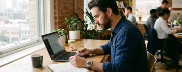 Un professionnel en reconversion assis devant un écran, concentré sur un contenu de formation commerciale, dans un espace de coworking lumineux