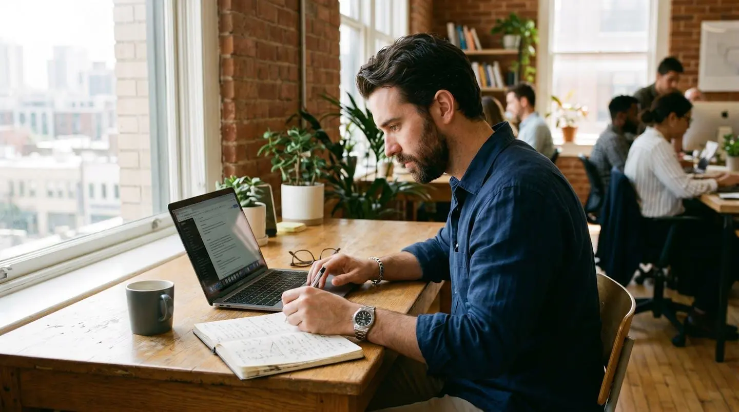 Un professionnel en reconversion assis devant un écran, concentré sur un contenu de formation commerciale, dans un espace de coworking lumineux