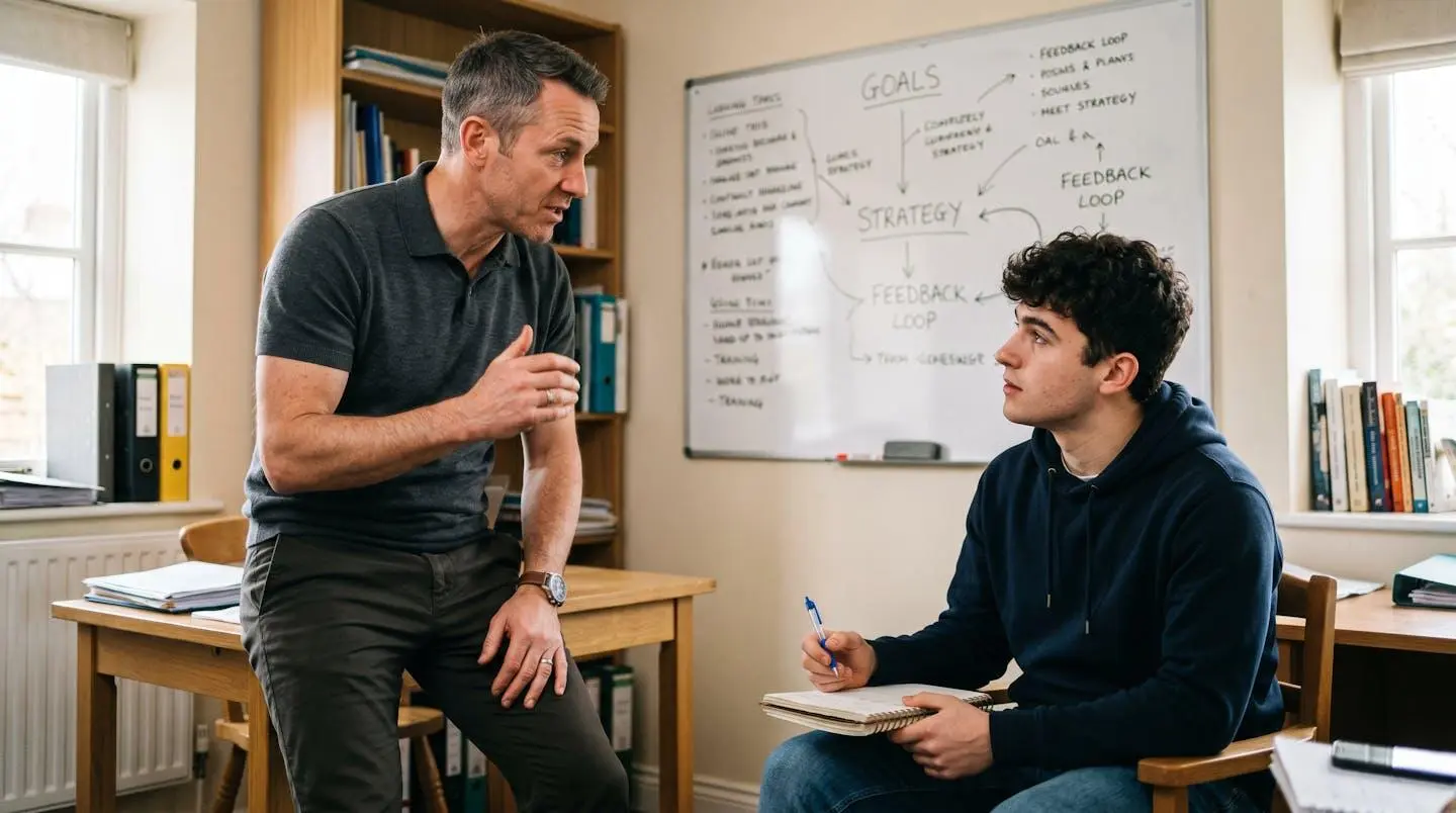 Un formateur donnant un retour direct à un apprenant lors d'une session de coaching commercial en petit groupe