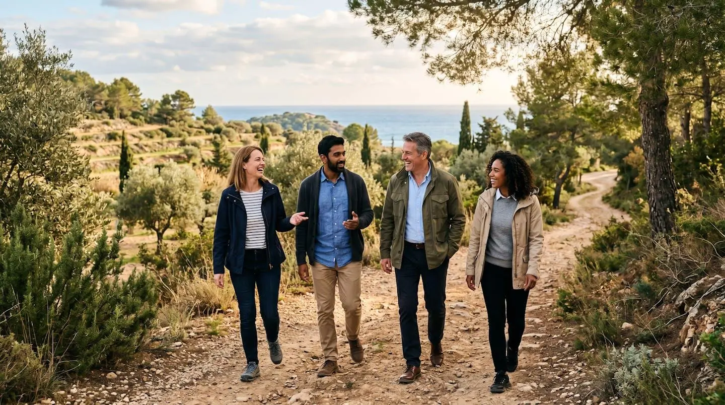 Quatre dirigeants en tenue décontractée marchant et discutant sur un sentier naturel entouré de végétation méditerranéenne