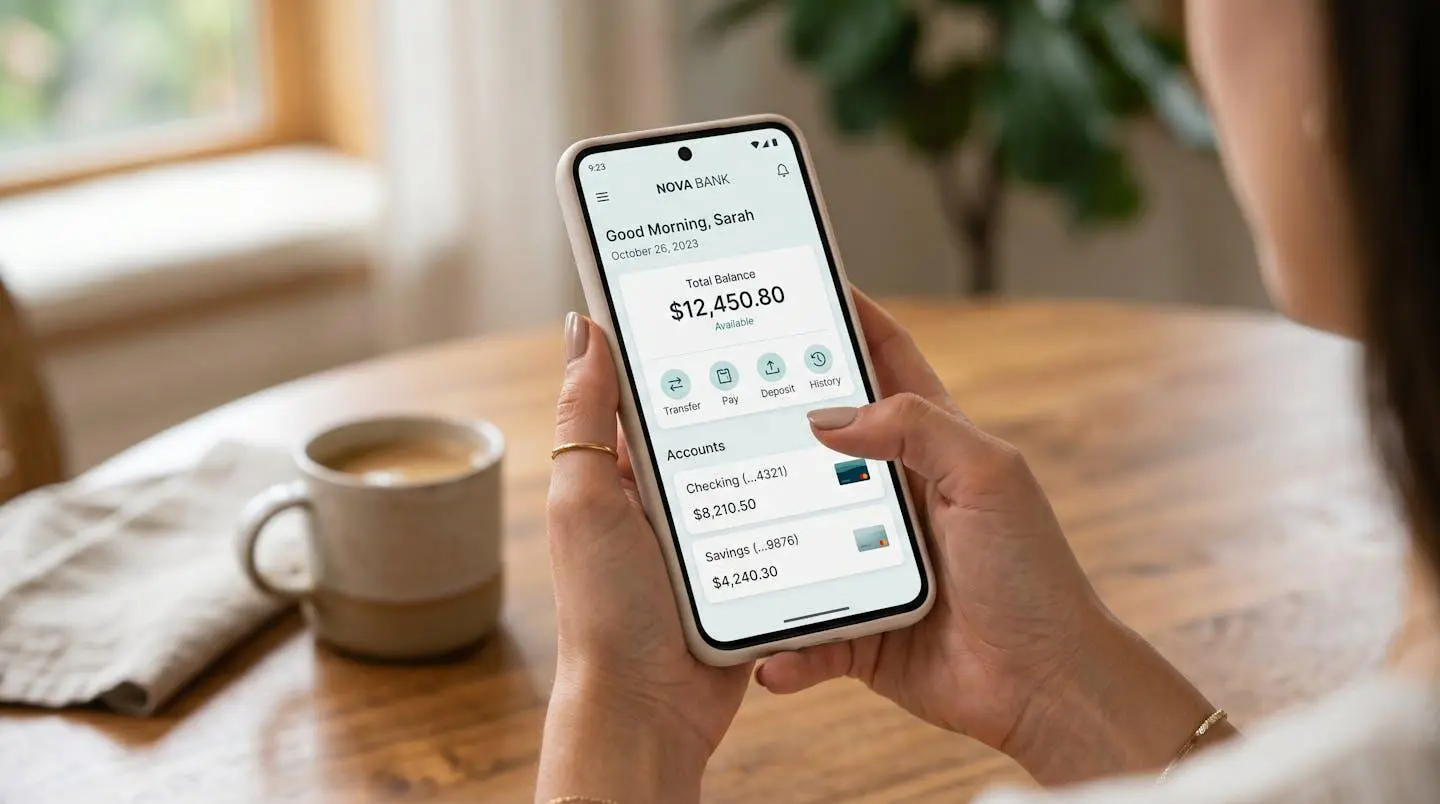 Une main tenant un smartphone affichant une interface d'application bancaire de gestion d'épargne