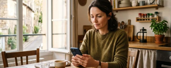 Une personne consulte son application bancaire sur son smartphone pour vérifier les intérêts de son Livret A