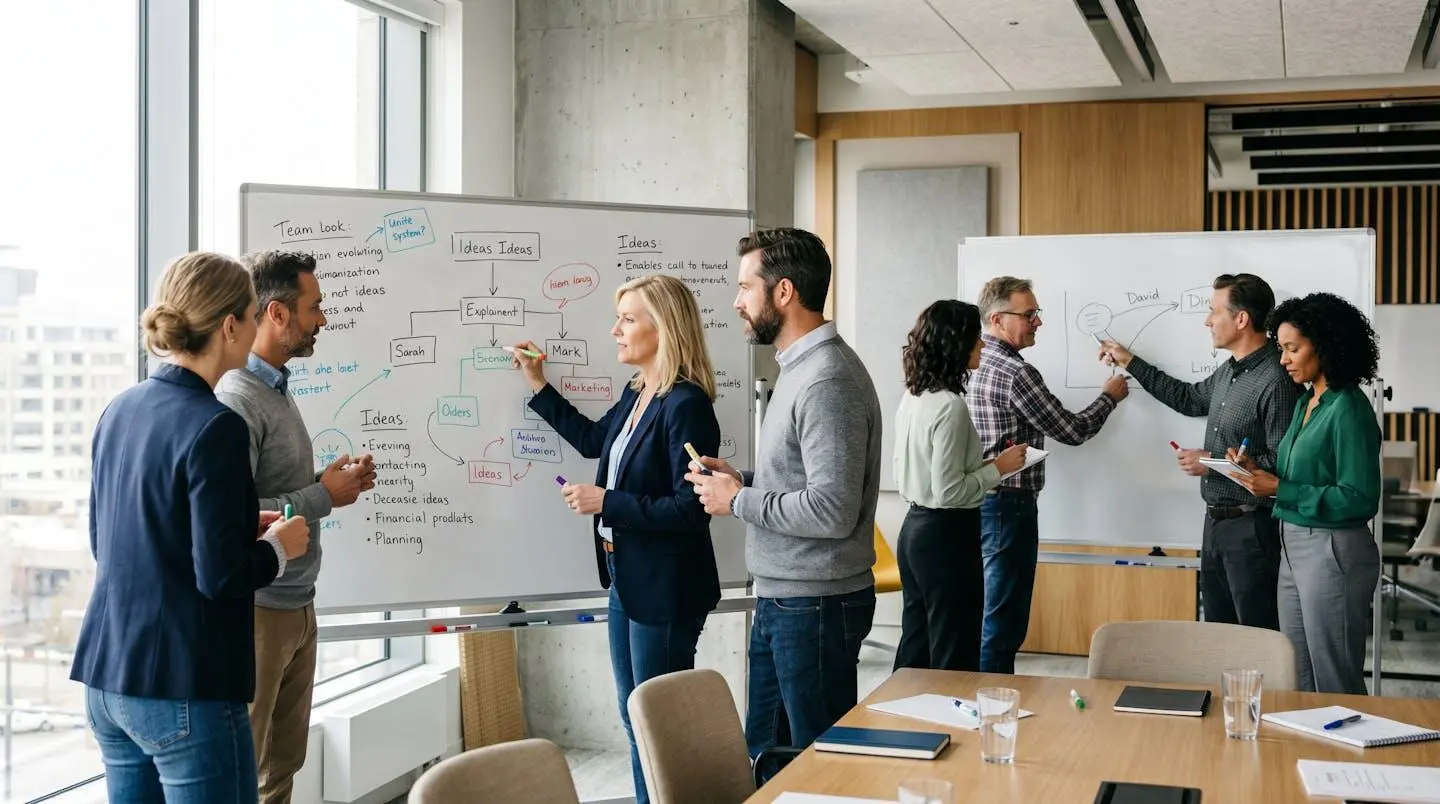 Deux petits groupes de managers en atelier de travail collaboratif avec tableaux muraux dans une salle moderne et lumineuse