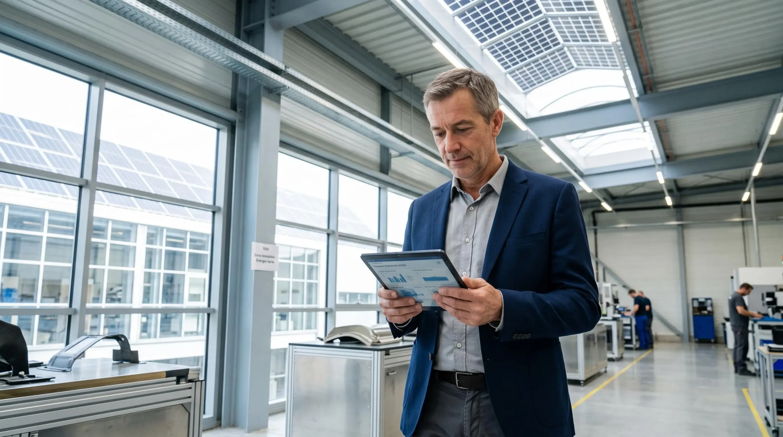 Dirigeant consultant des données ESG sur tablette dans une usine moderne équipée de panneaux solaires et d'éclairage LED