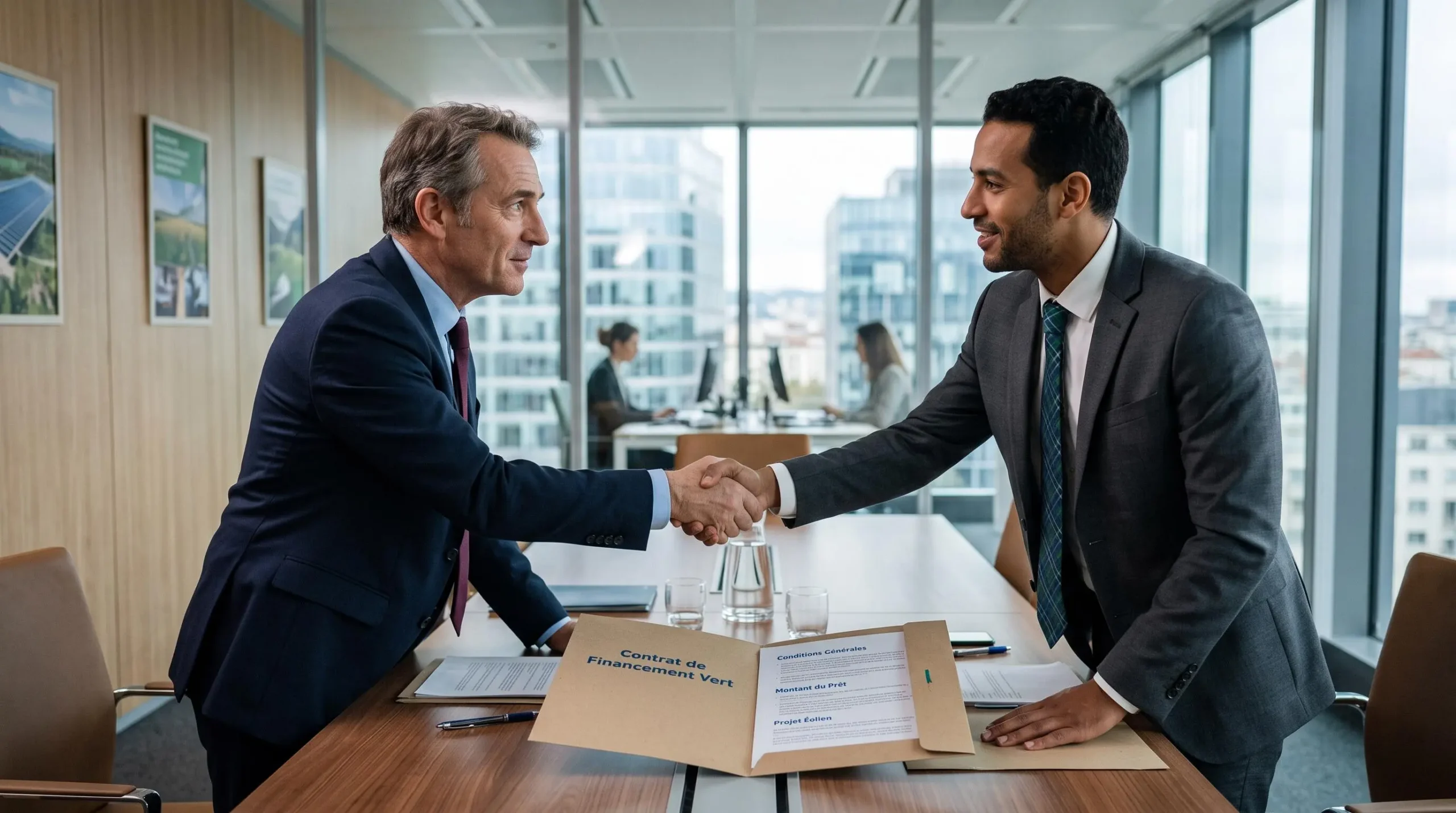 Poignée de main professionnelle lors de la signature d'un financement durable entre dirigeant et chargé d'affaires