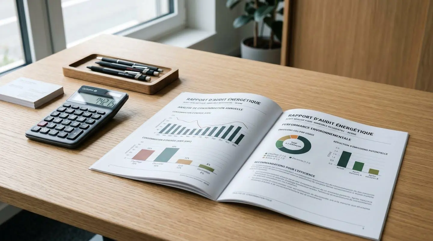 Rapport d'audit énergétique ouvert sur bureau avec graphiques de consommation et outils d'analyse