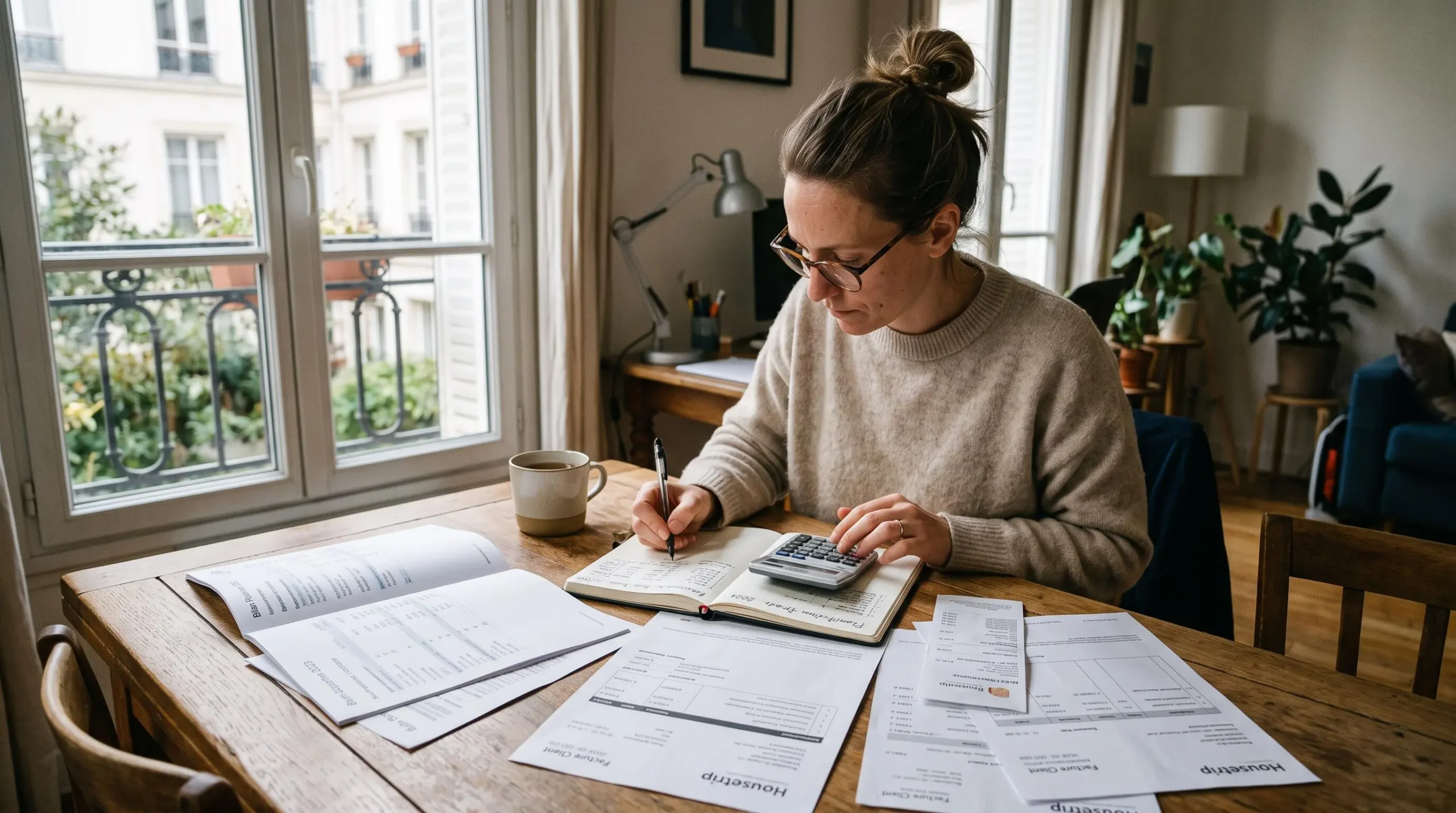 Personne calculant des montants d'épargne avec documents financiers montrant des revenus variables