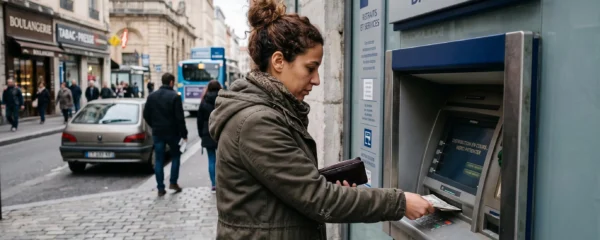 Personne effectuant un retrait à un distributeur automatique bancaire en France