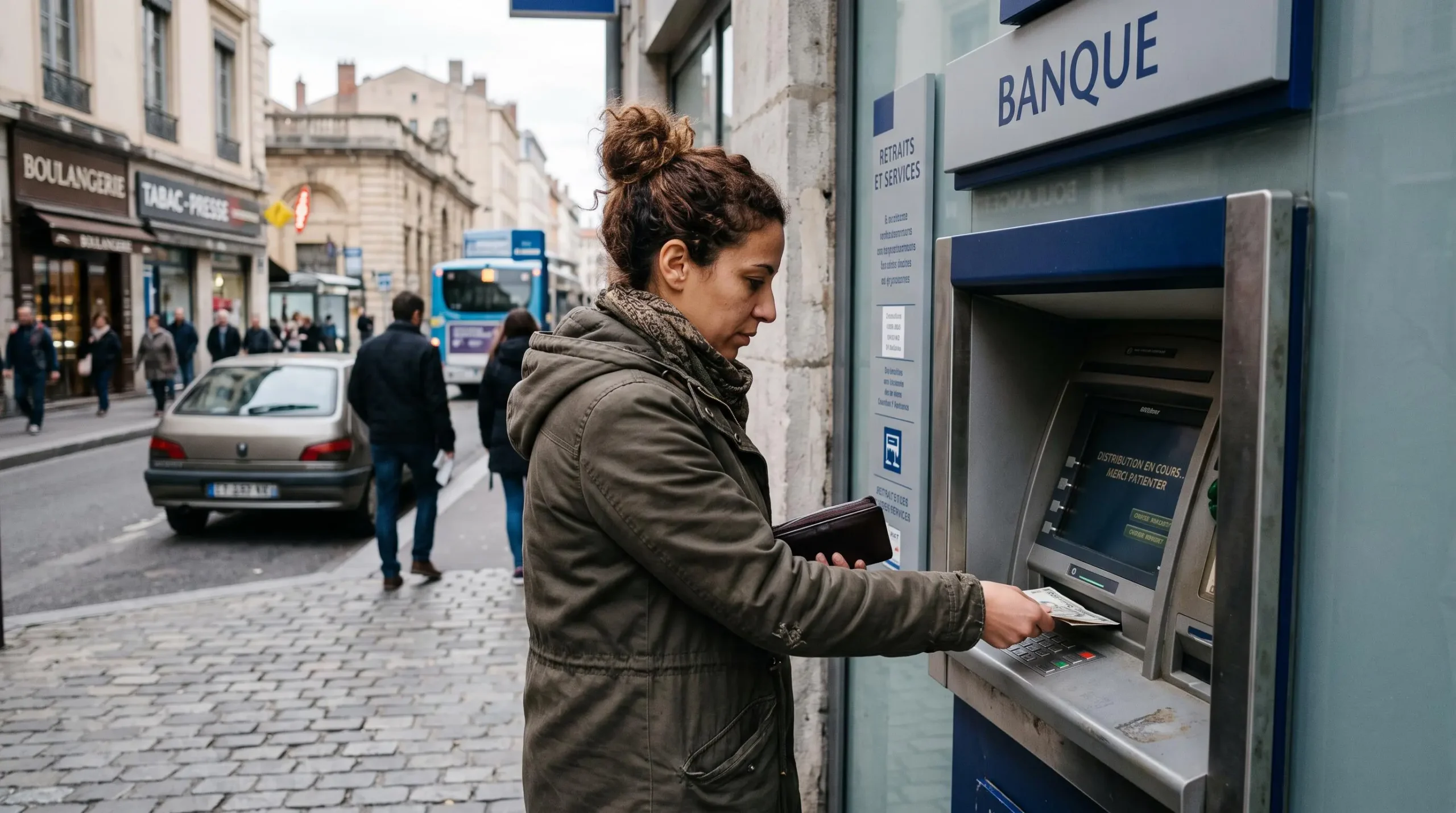 Personne effectuant un retrait à un distributeur automatique bancaire en France