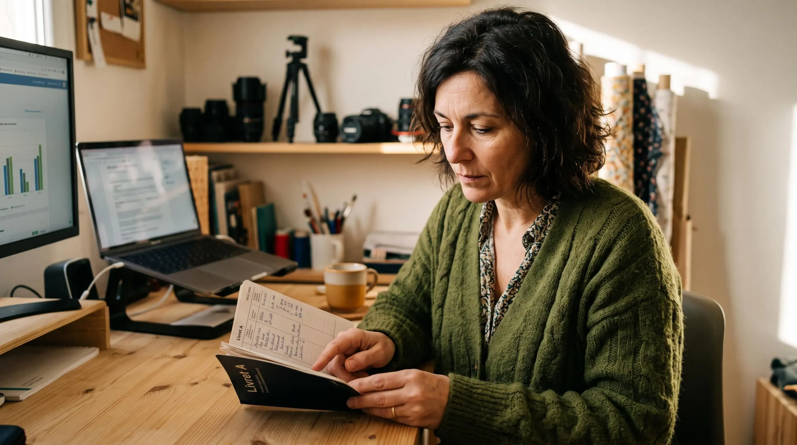 Travailleur indépendant consultant son livret d'épargne dans son bureau à domicile