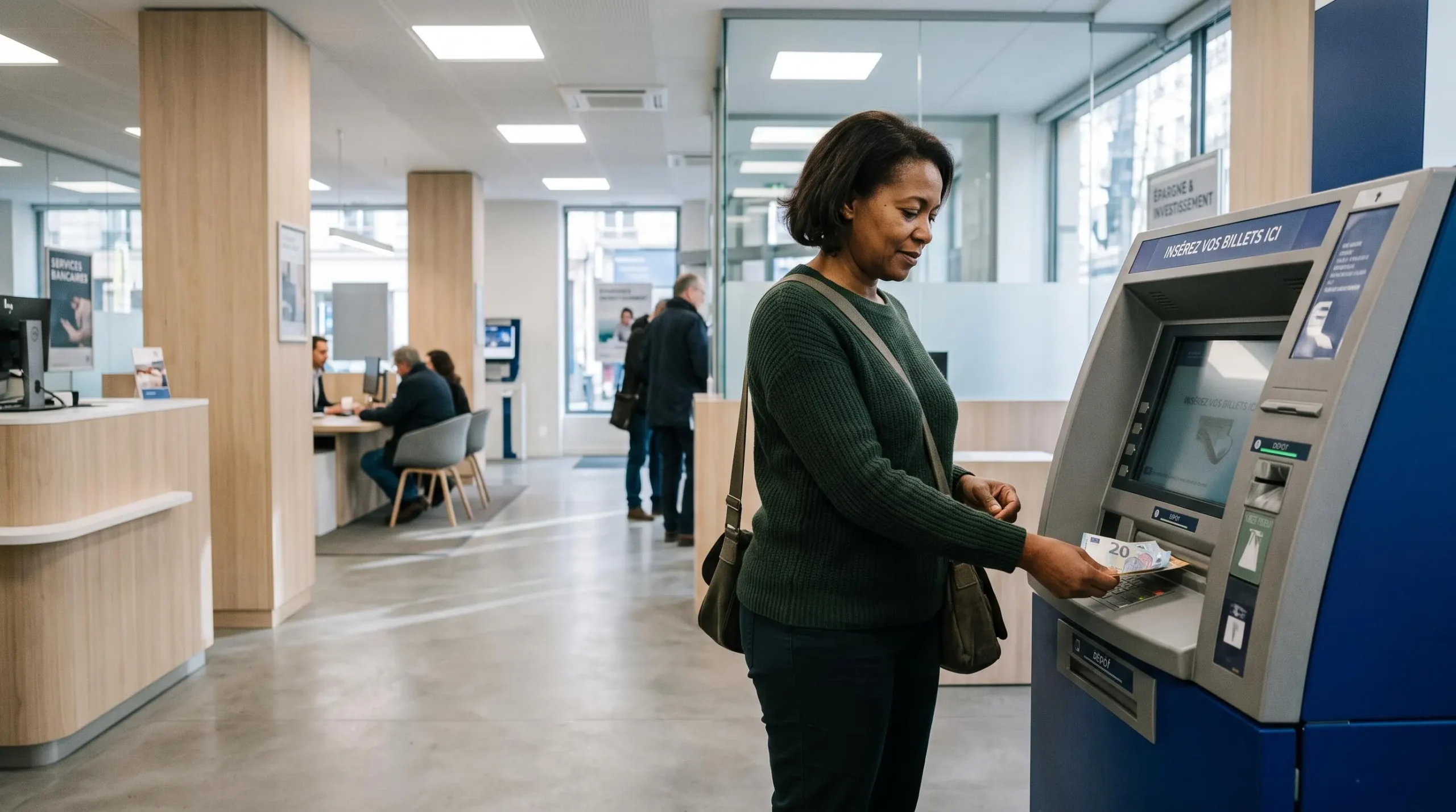 Personne effectuant un dépôt à un automate bancaire de versement
