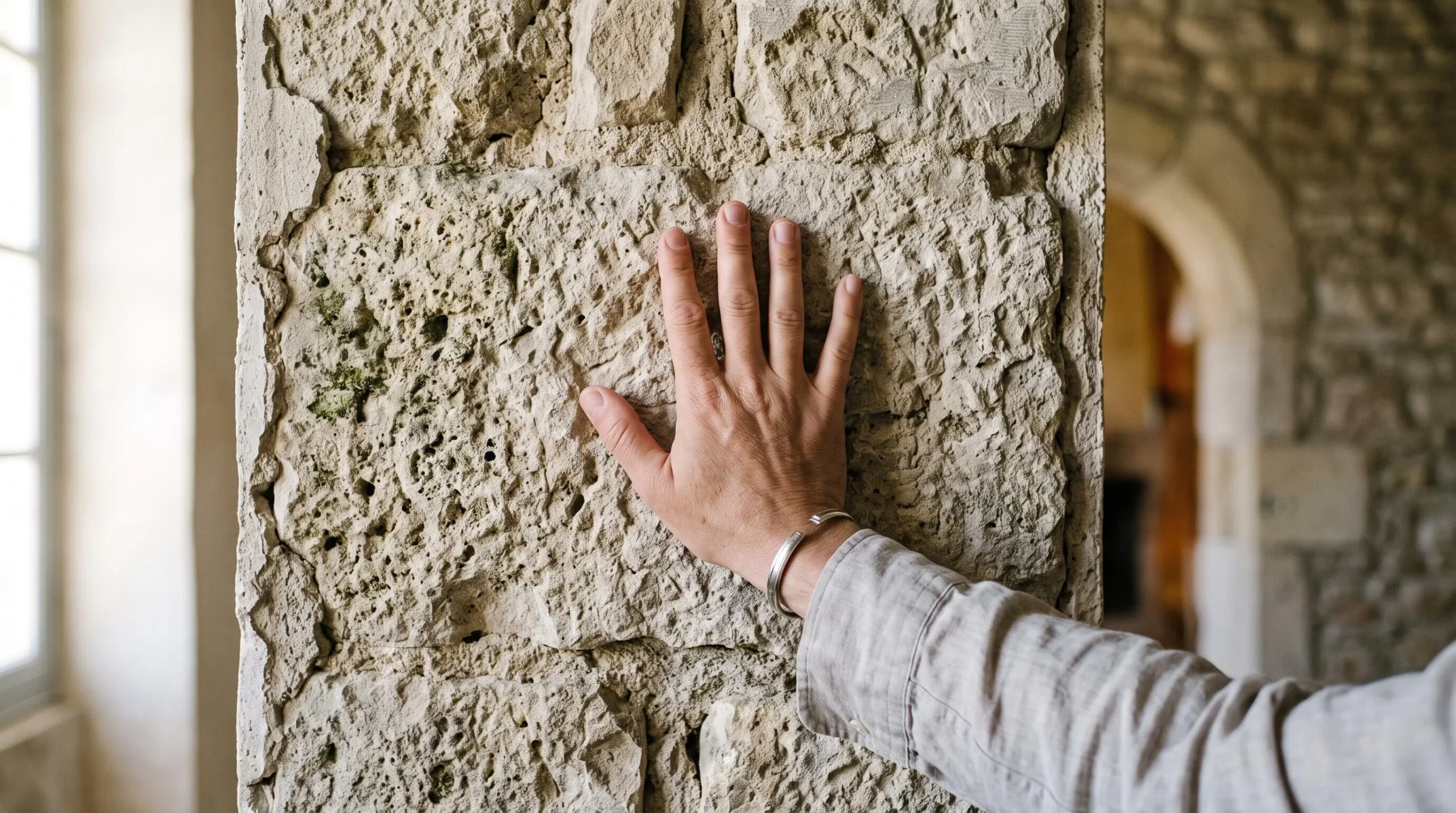 Une main apposée contre un mur intérieur en pierre épais d'une villa ancienne.