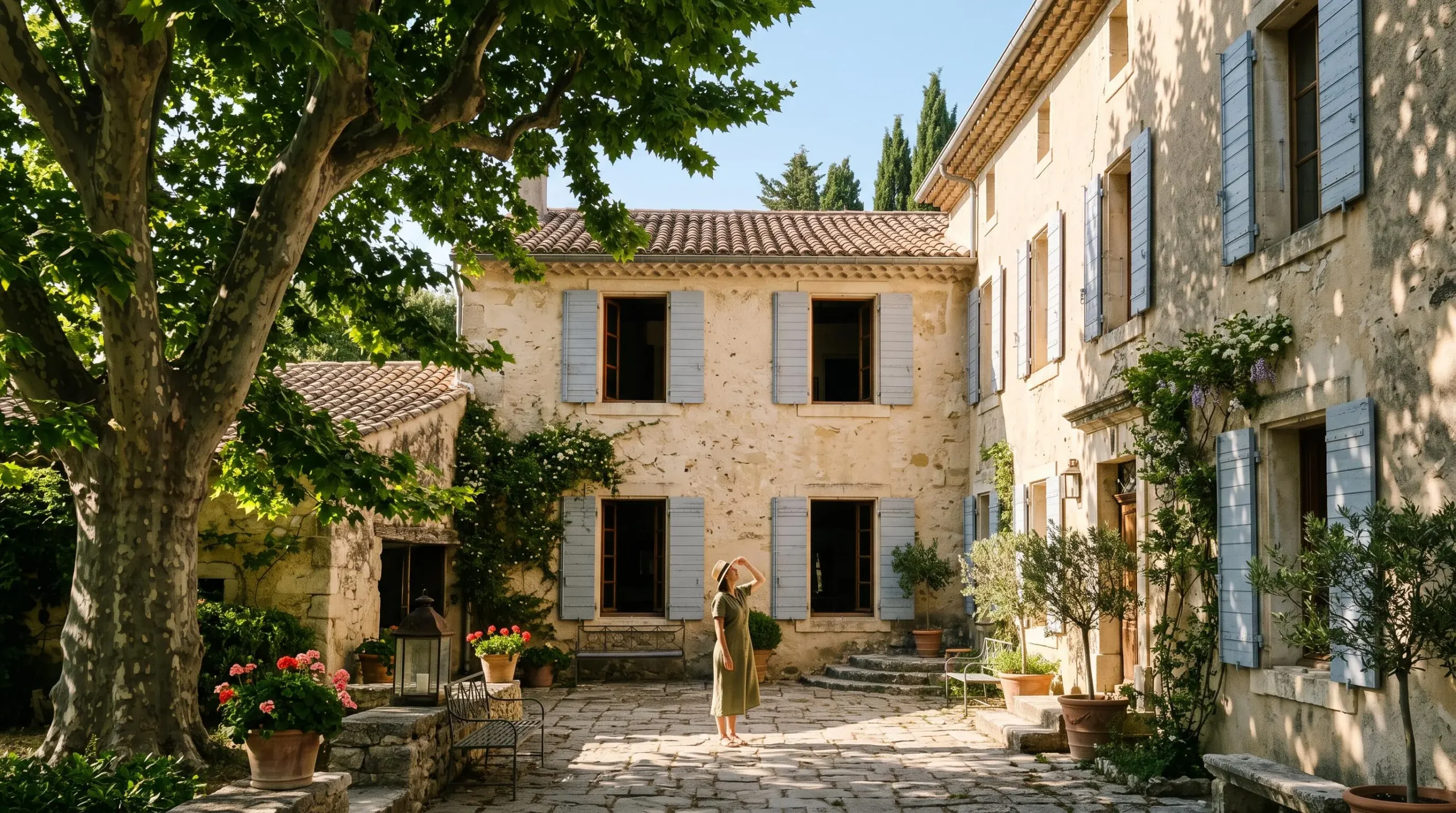 Une visiteuse observe la façade en pierre d'une villa provençale ombragée à Saint-Rémy-de-Provence.